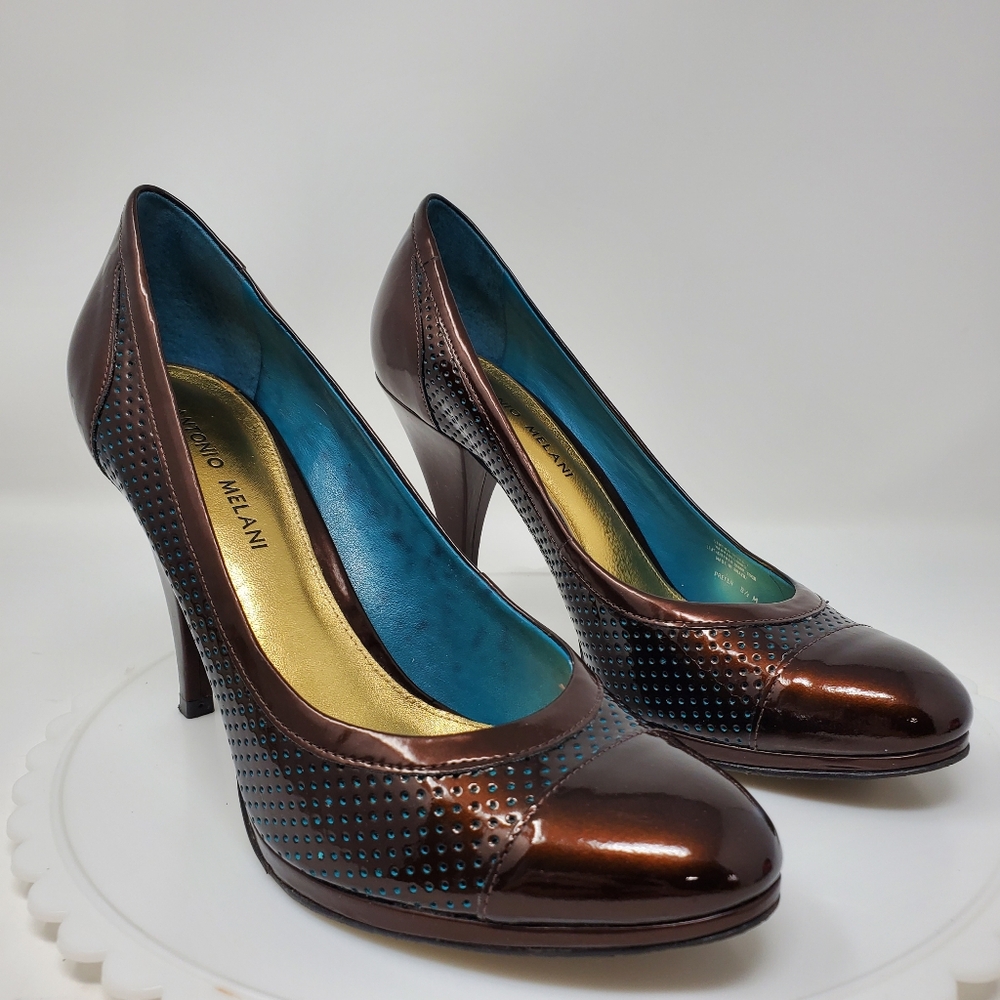 Antonio Melani Leather Heels Metallic Brown w/ Teal Polka Dots Sz 8.5 EUC